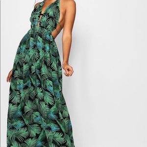 Plunge Front Palm Print Maxi Dress